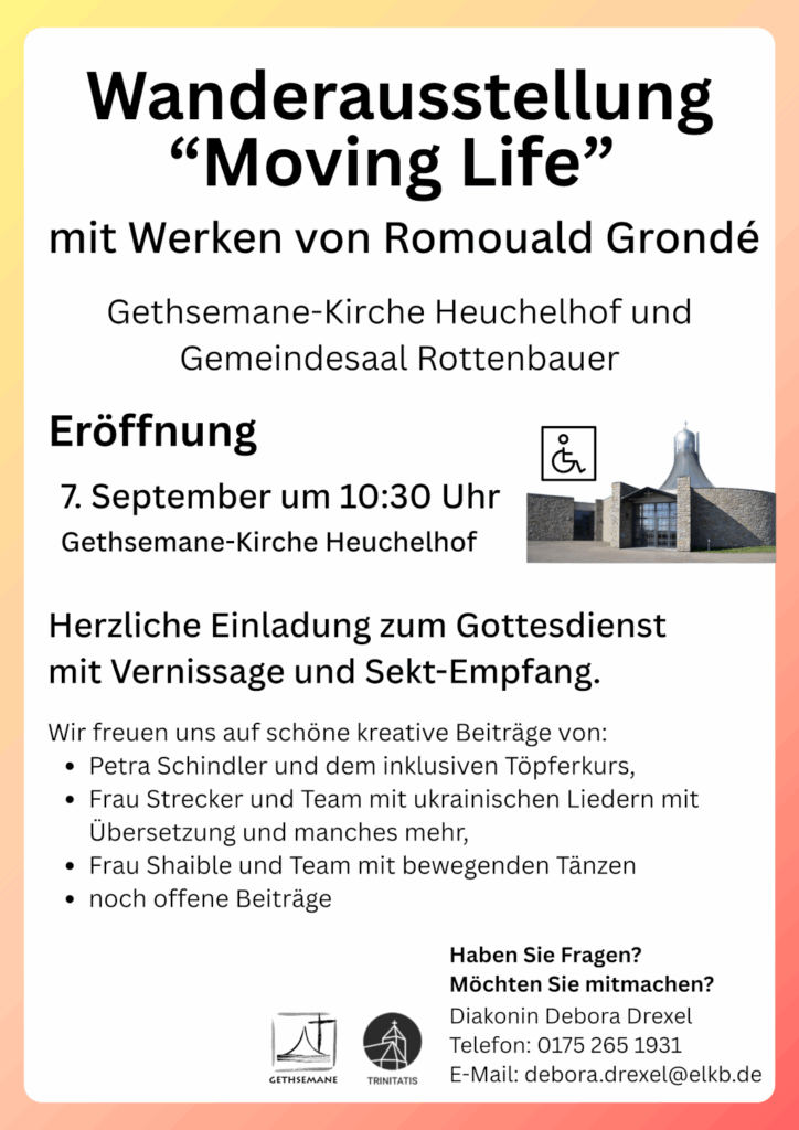 Herzliche Einladung zum Gottesdienst mit Vernissage und Sekt-Empfang. Wir freuen uns auf schöne kreative Beiträge von: - Petra Schindler und dem inklusiven Töpferkurs, - Frau Strecker und Team mit ukrainischen Liedern mit Übersetzung und manches mehr, - Frau Shaible und Team mit bewegenden Tänzen - noch offene Beiträge